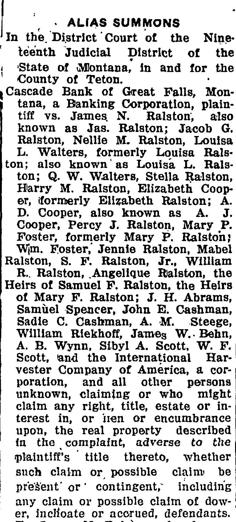 Newspaper alias summons listing Ralston family members, former names, married names, heirs, and parties in a Montana property court case.
