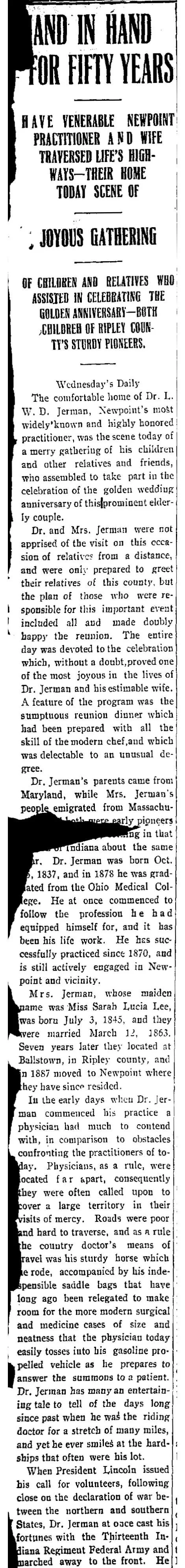 Newspaper article section about Dr. L. W. D. Jerman and Sarah Lucia Lee Jerman with birth dates, marriage date, residence, education, occupation, and Civil War service details.