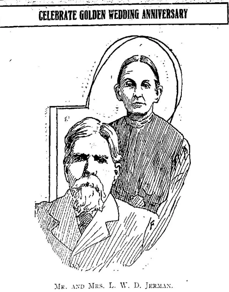 Illustrated newspaper article celebrating the golden wedding anniversary of Dr. L. W. D. Jerman and Sarah Lucia Lee Jerman.