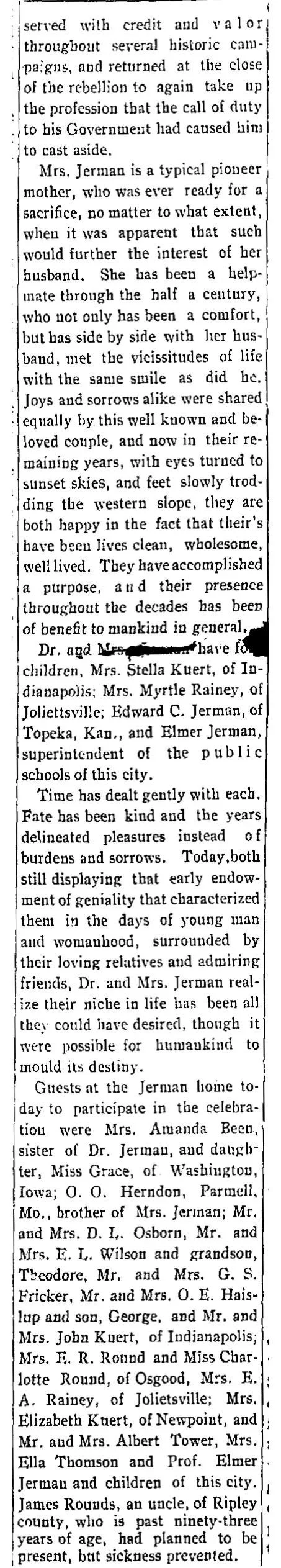 Newspaper article section listing the Jerman children, married daughters, relatives, guests, and locations connected to the golden wedding anniversary celebration.