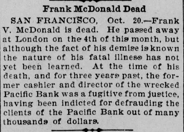 Clear newspaper clipping titled “Frank McDonald Dead,” showing dark, readable text that OCR is more likely to recognize accurately.