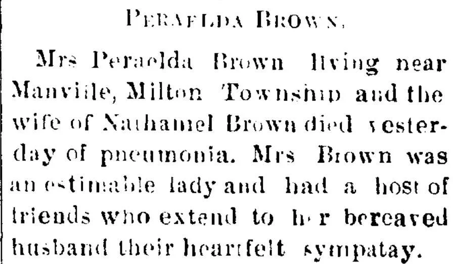 Blurry newspaper death notice for Mrs. Perilda Brown, wife of Nathaniel Brown, showing how faded or uneven print can make OCR harder to read.
