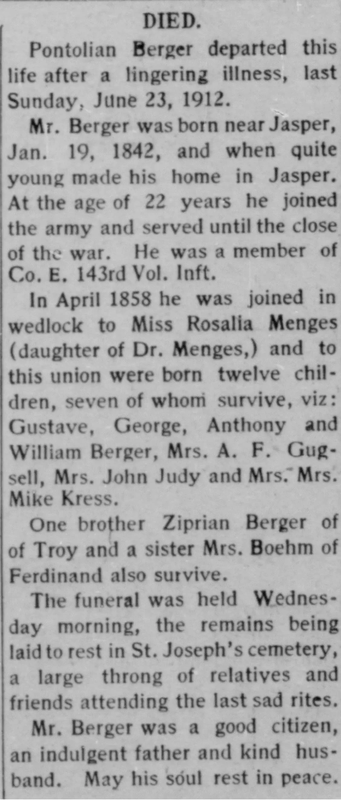 Newspaper obituary for Pontolian Berger with birth details, Civil War service, wife Rosalia Menges, surviving children, siblings, funeral, and burial in St. Joseph’s Cemetery.