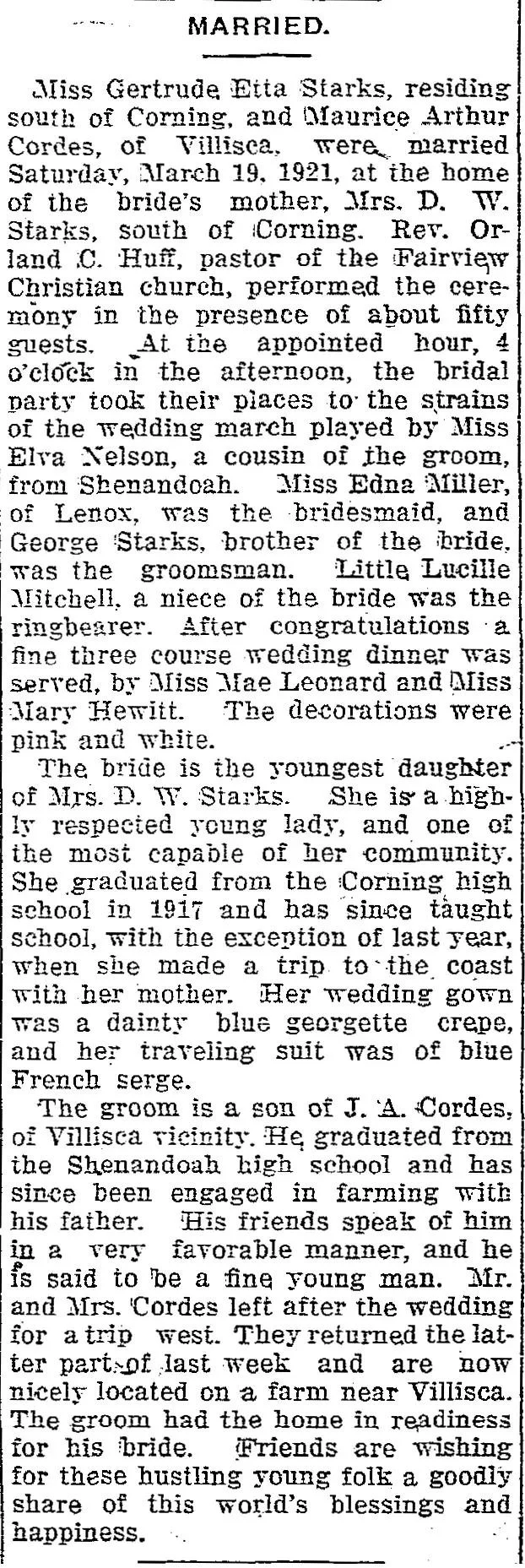 Newspaper wedding announcement for Gertrude Etta Starks and Maurice Arthur Cordes with family names, attendants, church, education, and future home near Villisca.