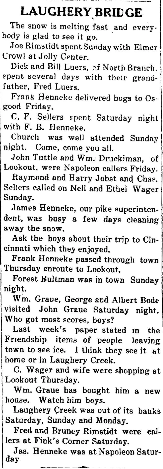 Newspaper social column titled “Laughery Bridge” listing local visits, callers, church attendance, shopping trips, weather, and community news.