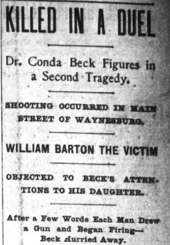 Historical newspaper clipping with the headline “Killed in a Duel,” reporting the shooting death of William Barton involving Dr. Conda Beck in Waynesburg, Indiana.