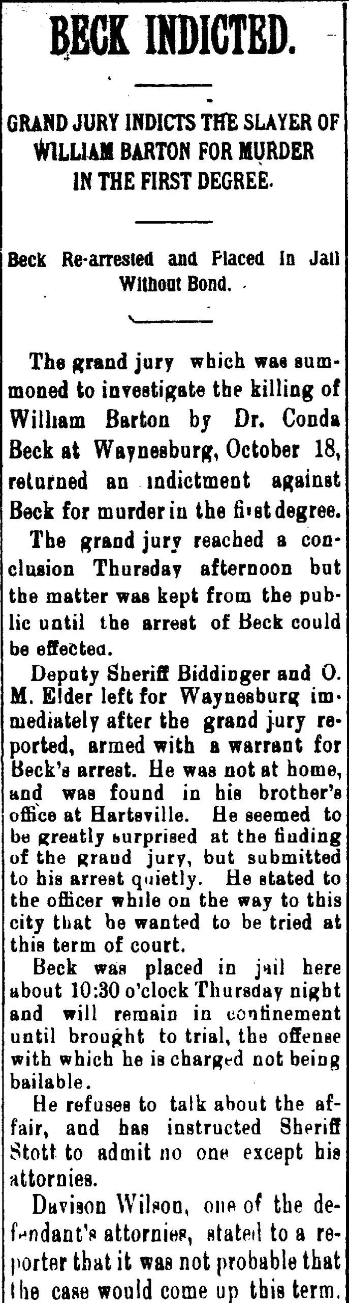 Historical newspaper clipping with the headline “Beck Indicted,” reporting that Dr. Conda Beck was indicted for first-degree murder in the killing of William Barton.