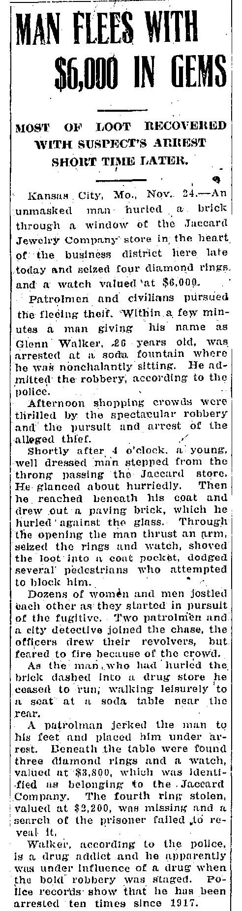Historical newspaper clipping from the Joplin Globe with the headline “Man Flees With $6,000 in Gems,” reporting a 1922 Kansas City jewelry store robbery.