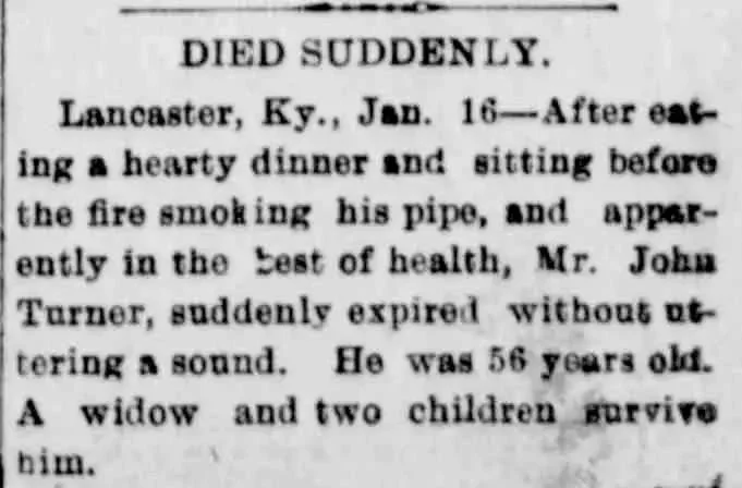 1904 Kentucky newspaper death notice for John Turner of Lancaster, Kentucky, reporting his sudden death at age 56 and noting that a widow and two children survived him.