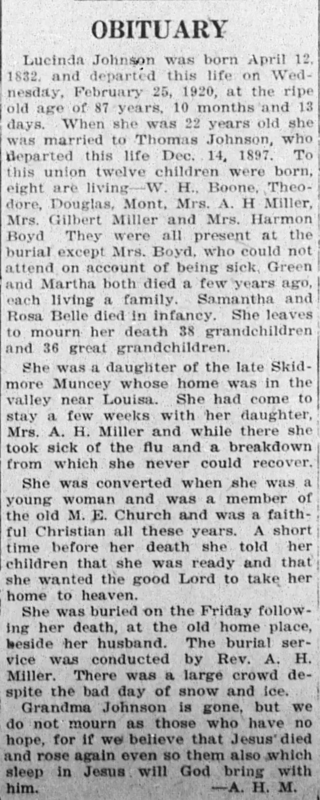 Historical newspaper obituary for Lucinda Johnson, who died in 1920, listing her husband Thomas Johnson, children, father Skidmore Muncey, burial details, and family connections.