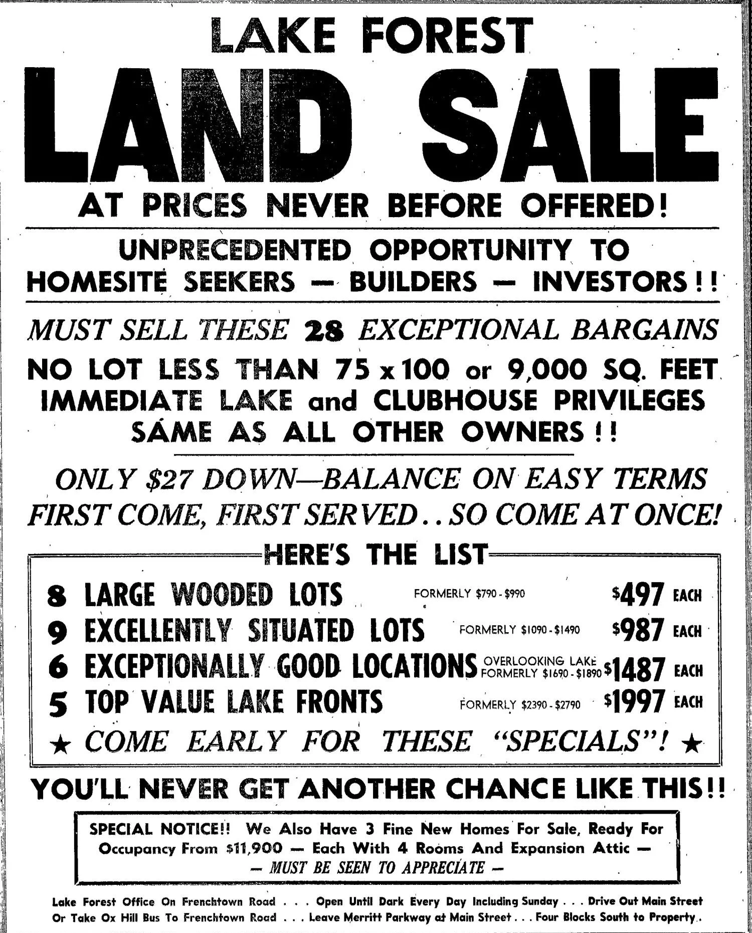 1948 newspaper advertisement for a Lake Forest land sale offering wooded lots, lakefront lots, clubhouse privileges, and easy payment terms for home buyers and investors.