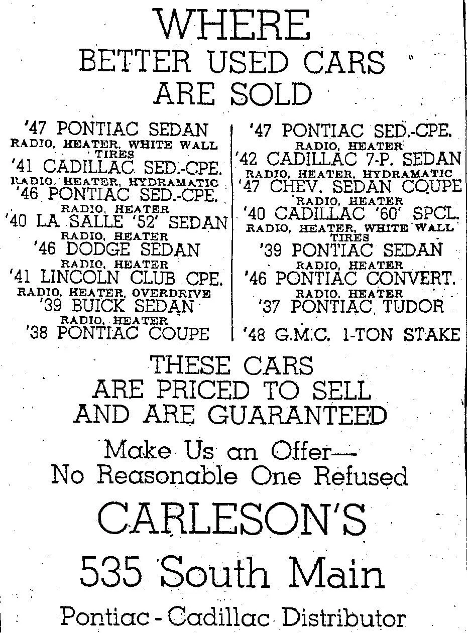 1948 newspaper advertisement from Carleson’s Pontiac-Cadillac Distributor listing used cars for sale, including Pontiac, Cadillac, Dodge, Lincoln, Buick, and GMC models.