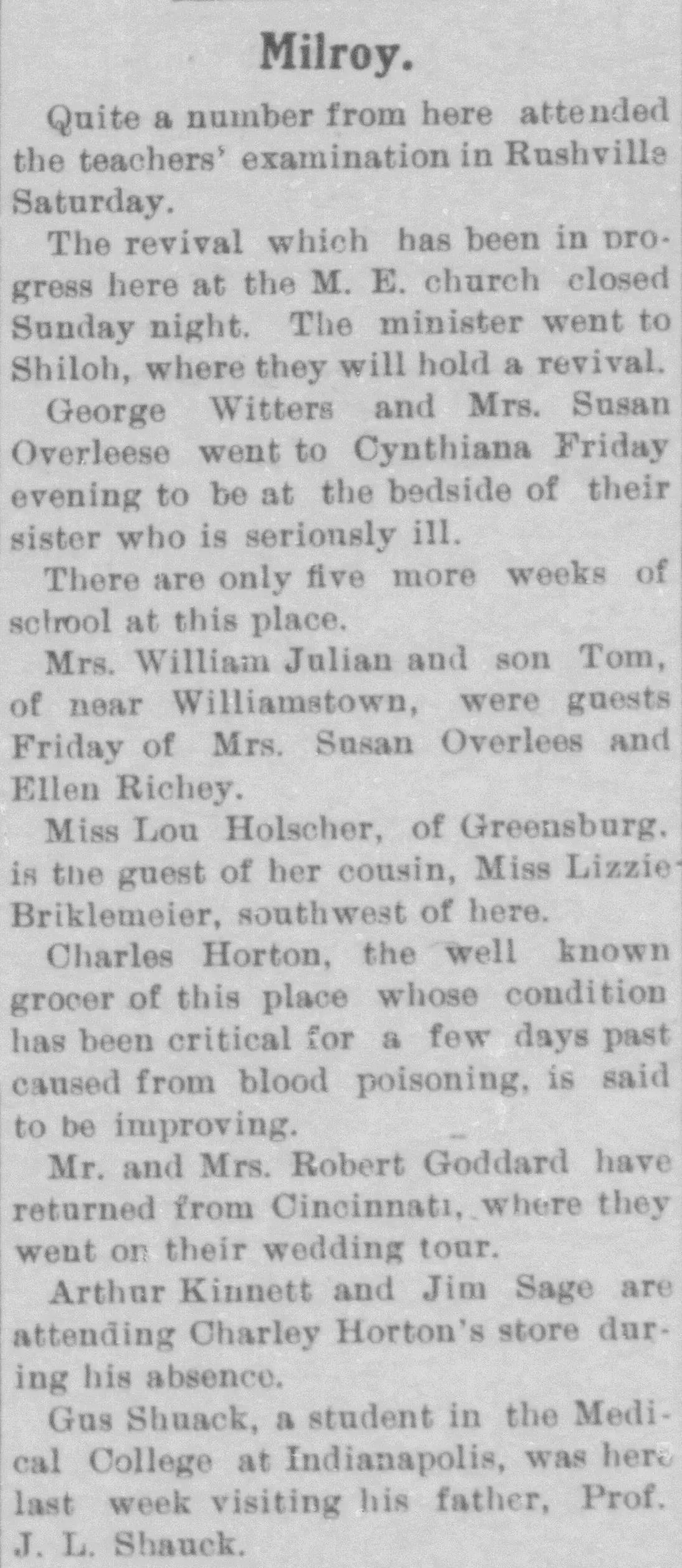 1905 Indiana newspaper community column from Milroy featuring local visits, illnesses, travel, and social updates