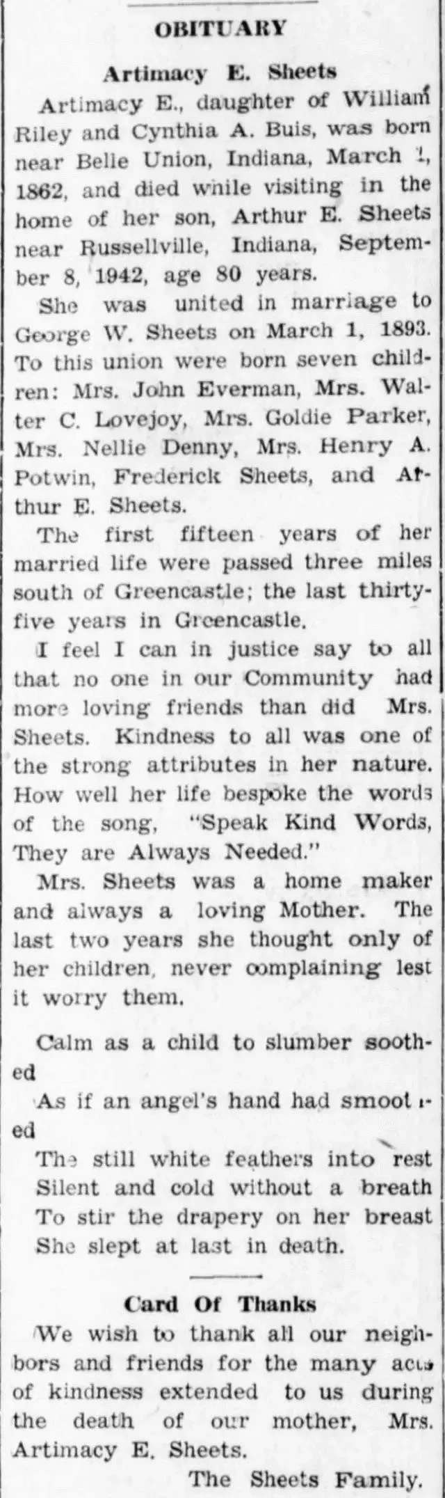 1942 Indiana newspaper obituary for Artimacy E. Sheets listing family members, marriage details, and communities near Greencastle