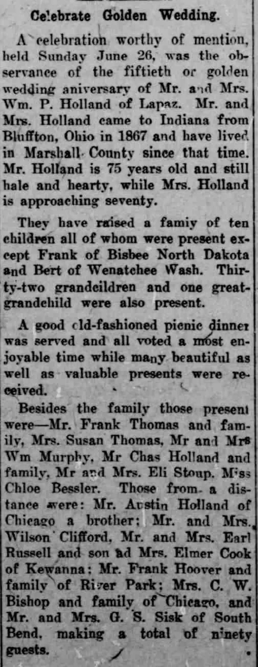 1911 Indiana newspaper article about a golden wedding anniversary celebration in Lapaz with family members from multiple states
