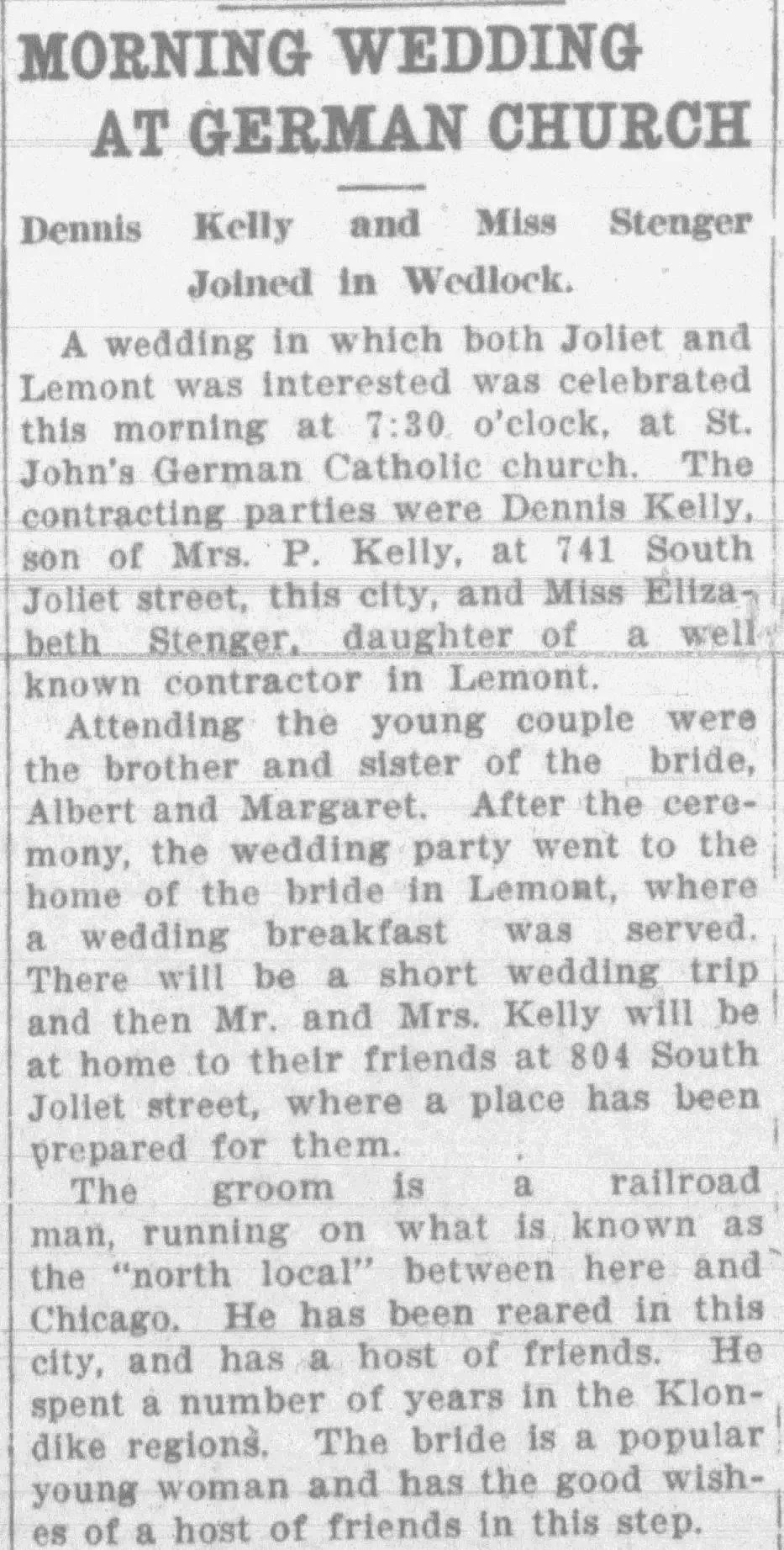 1906 Illinois newspaper wedding announcement at a German Catholic church in Joliet featuring railroad worker Dennis Kelly