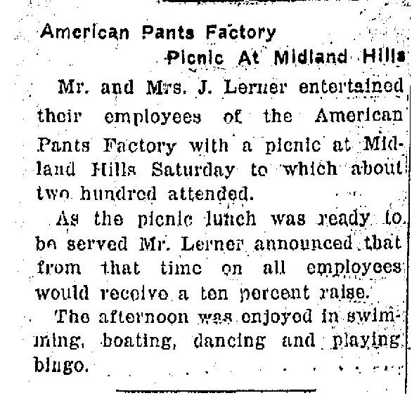 1939 Illinois newspaper article about an American Pants Factory employee picnic and wage increase announcement