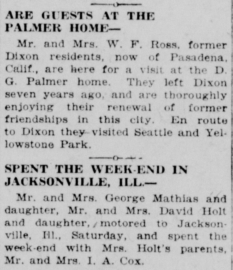 1926 Illinois newspaper social column describing former Dixon residents returning from California to visit family and friends