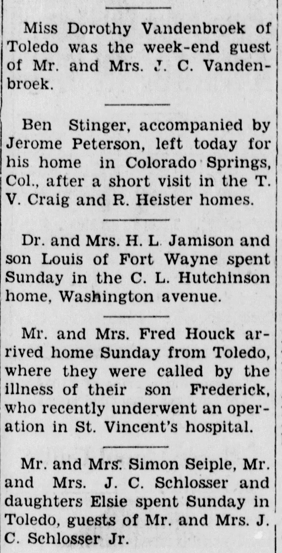 Small-town newspaper social column listing family visits, travel, illness updates, and local community news from 1929.