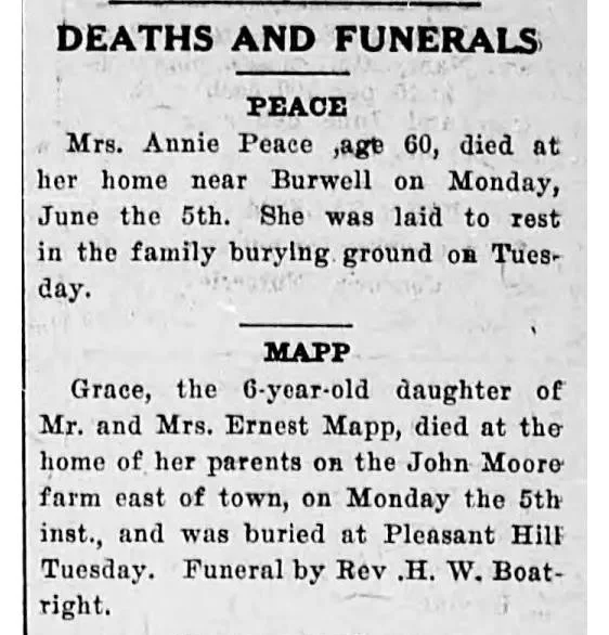 Newspaper death and funeral notices for Mrs. Annie Peace and Grace Mapp, including death dates, burial details, and family information.