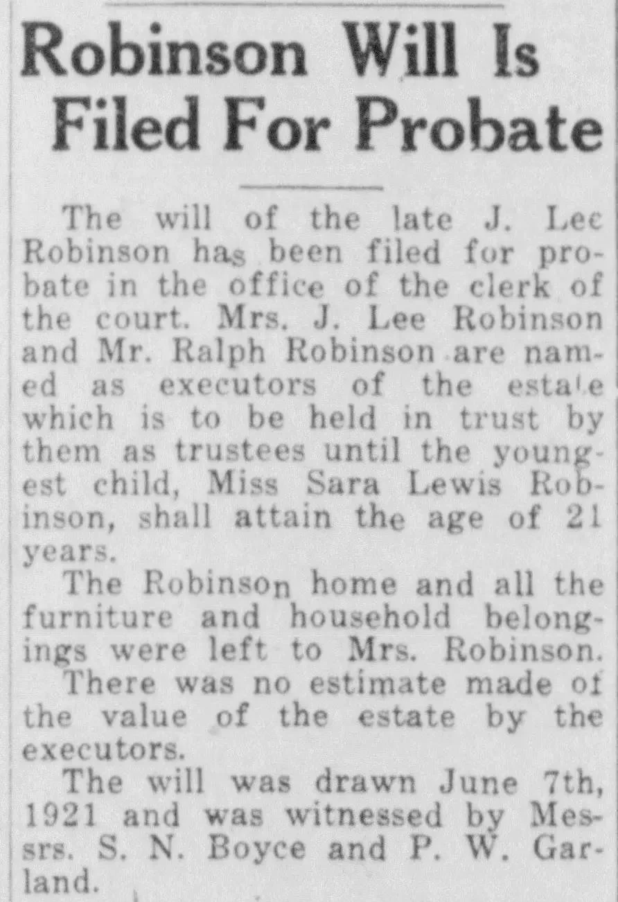 Newspaper clipping titled “Robinson Will Is Filed For Probate,” describing J. Lee Robinson’s estate, executors, household belongings, and family trust details.