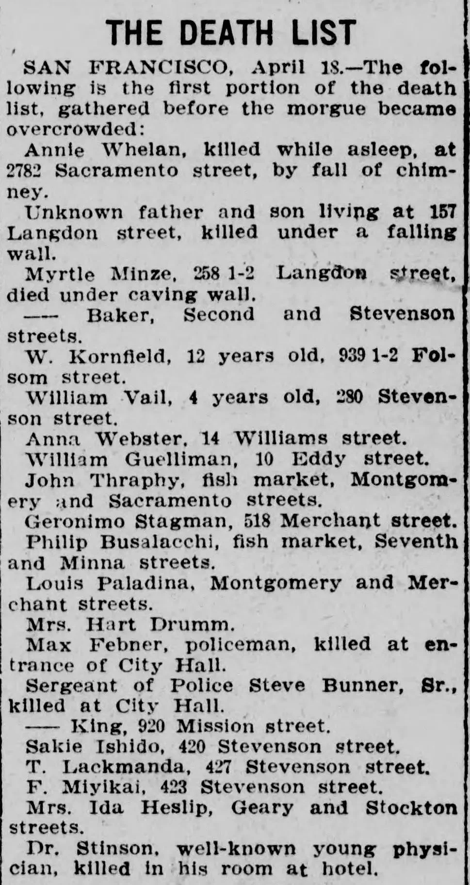 Newspaper death list naming victims of the 1906 San Francisco earthquake and fire.