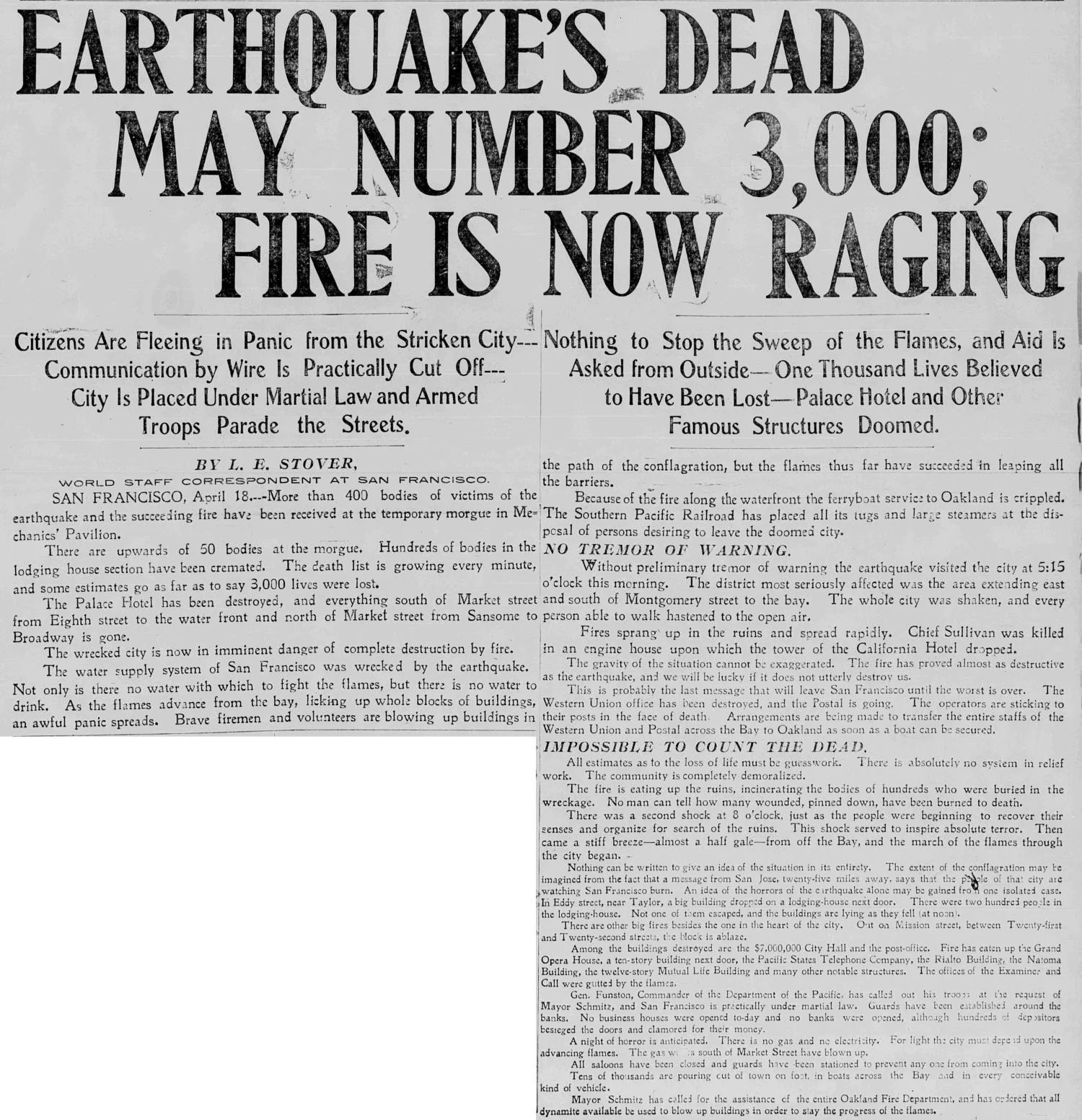 Front-page newspaper headline reporting the 1906 San Francisco earthquake, possible death toll, and raging fires in the city.