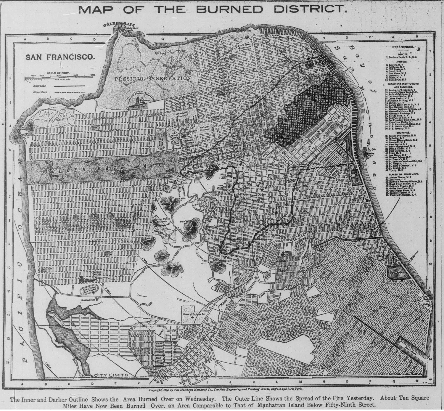 Newspaper map showing the burned district of San Francisco after the 1906 earthquake and fire.