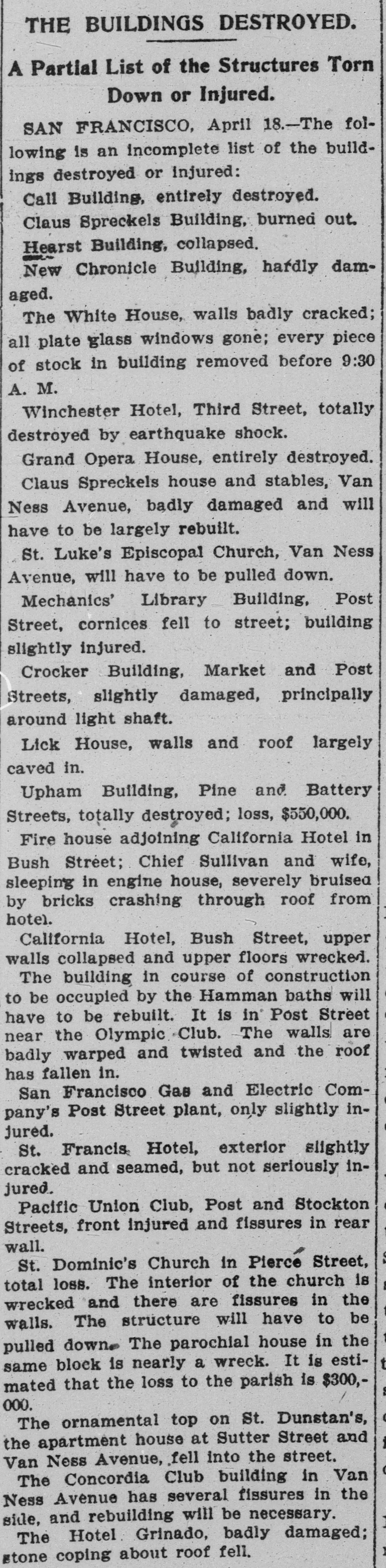 Newspaper list of buildings destroyed or damaged in the 1906 San Francisco earthquake and fire.