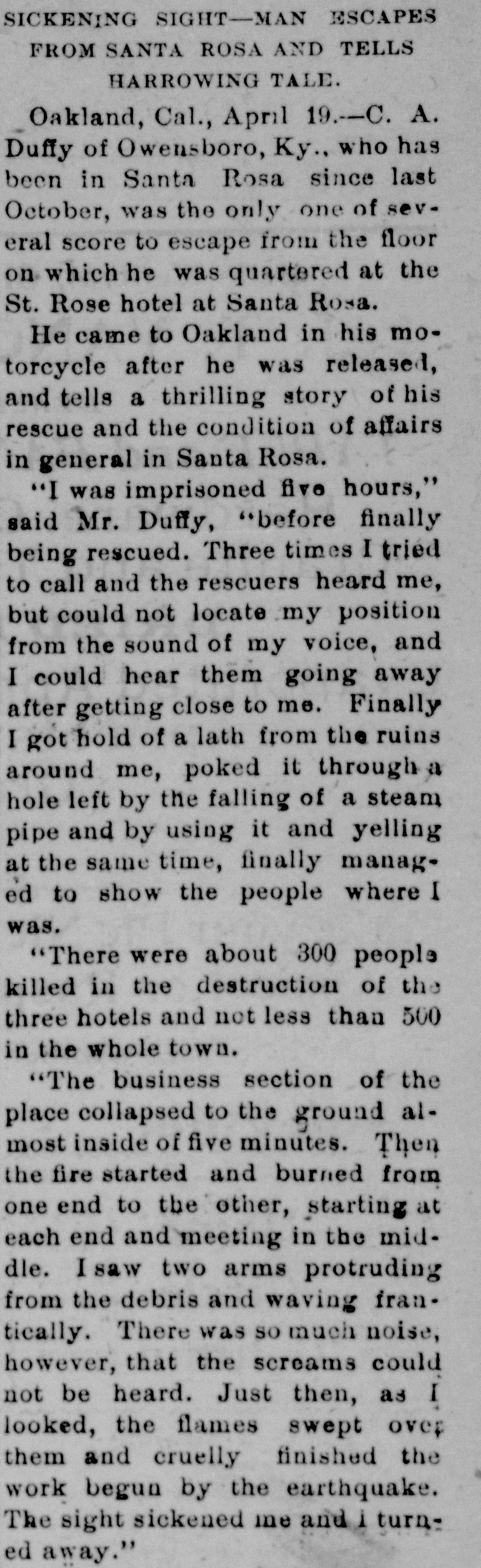 Newspaper survivor account describing destruction in Santa Rosa after the 1906 earthquake.