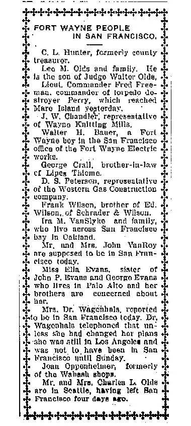 Fort Wayne newspaper clipping listing local people who were in San Francisco during the 1906 earthquake.