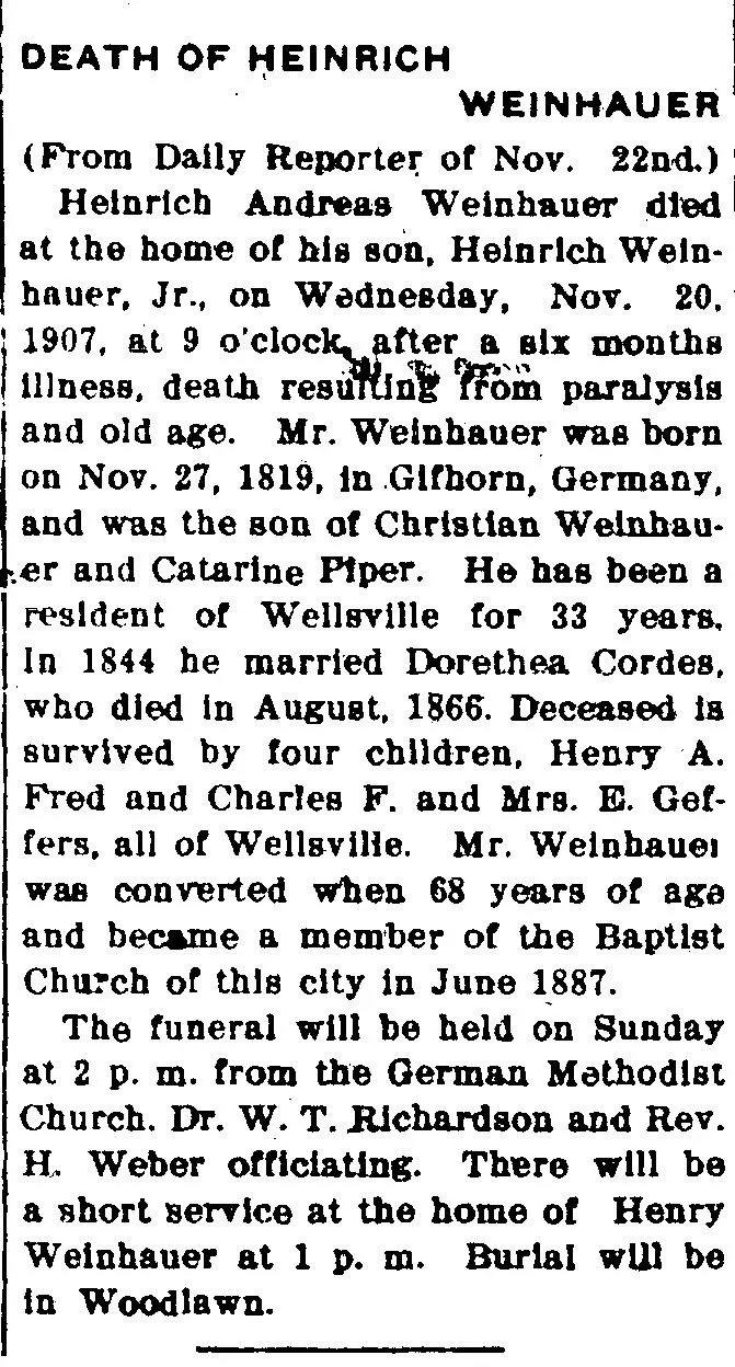 Weinhauer obituary (Wellsville Allegany County Reporter, November 26, 1907) Newspaper obituary from Wellsville, New York, identifying German-born Heinrich Weinhauer and referring to his son as both Heinrich Jr. and Henry A. in the same article, showing how anglicized and original name forms appear together in a single clipping.
