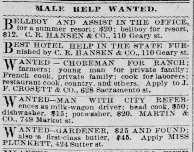Male Help Wanted classified column from the San Francisco Call, April 1895, listing open positions including bellboy, ranch worker, cook, and butler with wages, showing the types of jobs available in a major city in the 1890s.