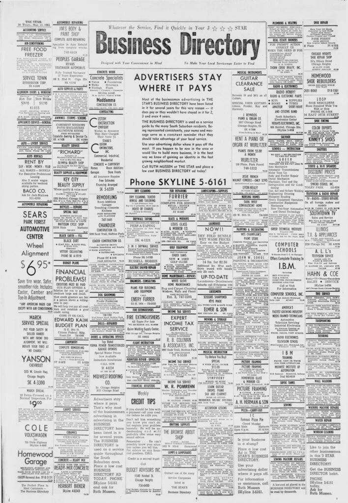 Full-page business directory from the Chicago Heights Star, March 1965, listing dozens of local tradespeople and services by category, showing how newspapers served as a community resource guide for local businesses.