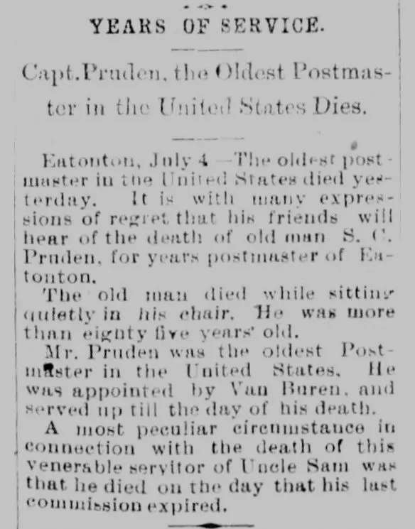 Obituary clipping from the Milledgeville Union-Recorder, July 1893, reporting the death of Capt. S.C. Pruden, identified as the oldest postmaster in the United States, noting his appointment by President Van Buren and decades of service.