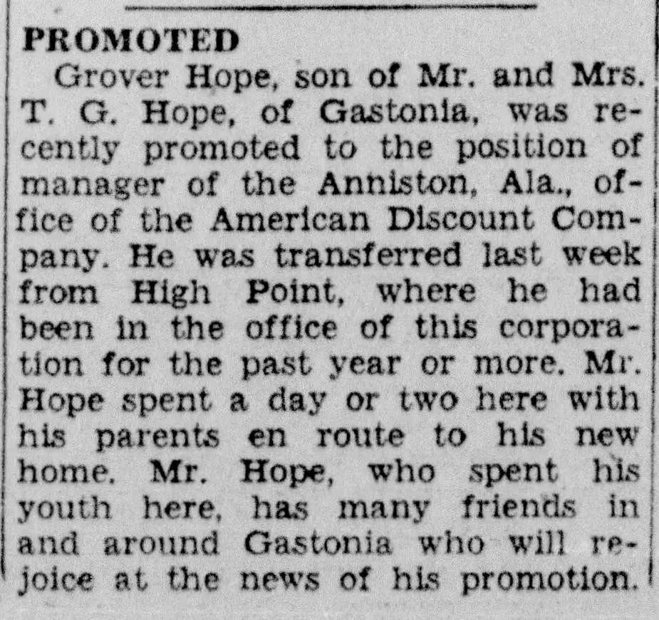 Newspaper clipping from the Gastonia Daily Gazette, May 1938, announcing the promotion of Grover Hope to manager of the American Discount Company's Anniston, Alabama office, showing how small-town papers documented career milestones and job transfers for ordinary workers.