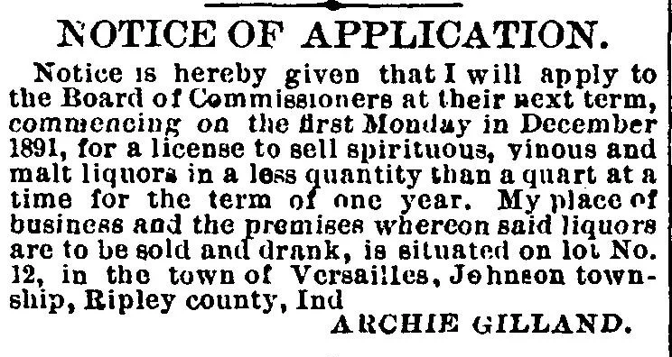 Archie Gilland's liquor license application, Versailles Republican, November 1891