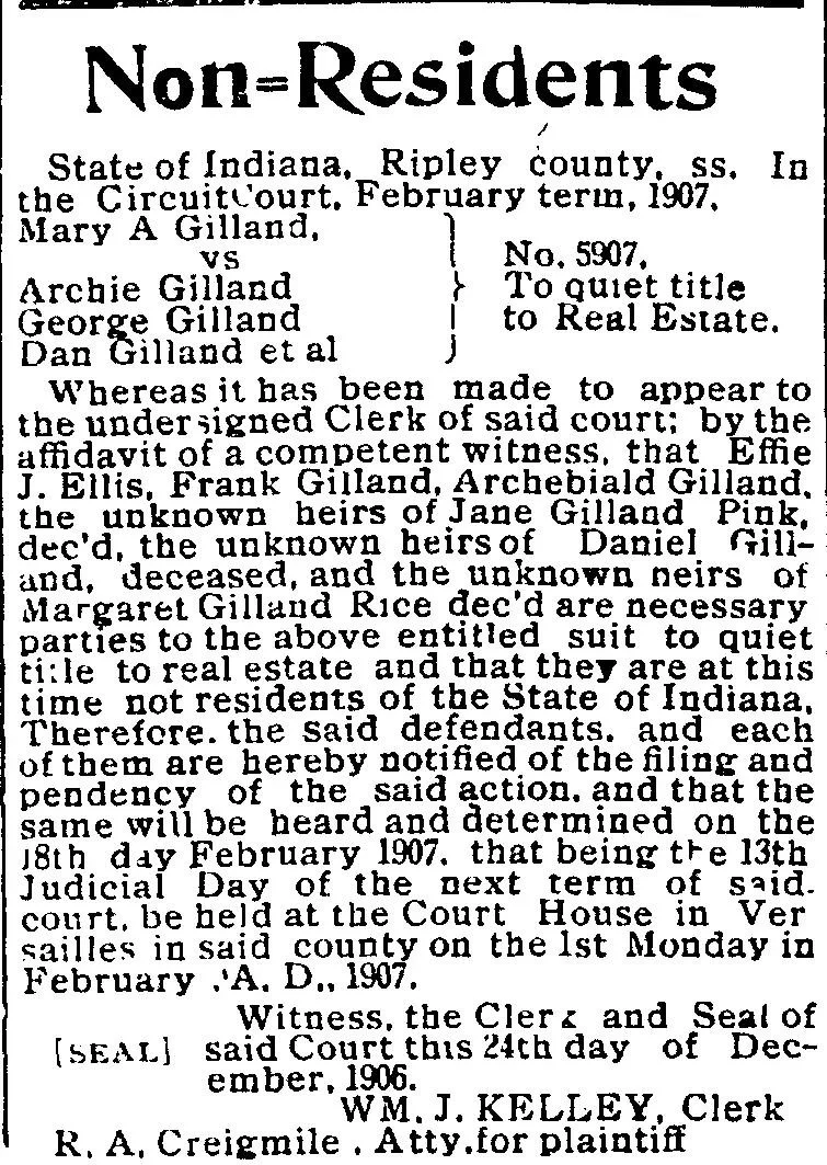 A quiet title action naming Archie and multiple family members, Osgood Ripley Journal, January 1907