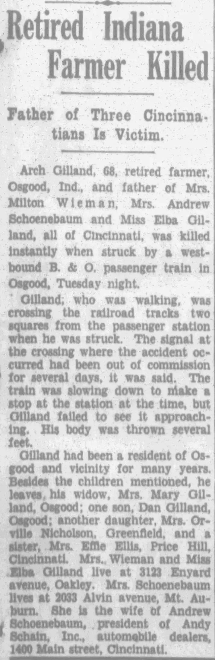 Retired Indiana Farmer Killed," Cincinnati Times-Star, March 3, 1937