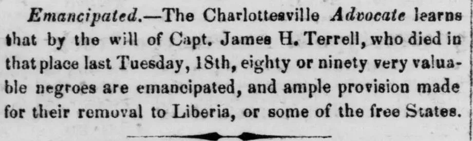 Brief notice headlined "Emancipated" from the Columbus Times and Sentinel, March 1856, reporting that Capt. James H. Terrell of Charlottesville freed approximately 80 to 90 enslaved people by will, with provision for removal to Liberia or a free state.