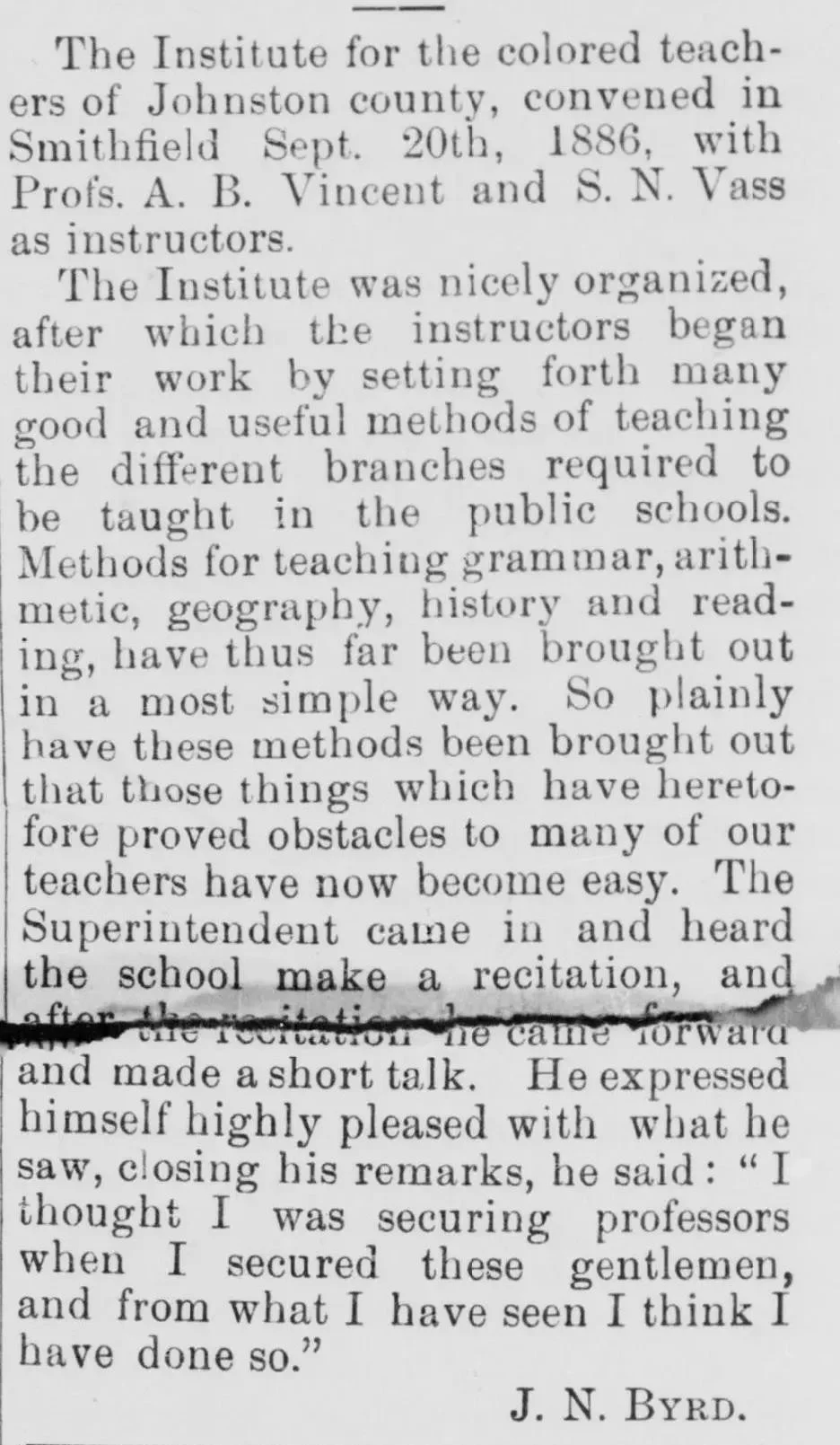 Report from the African Expositor, October 1886, describing the Institute for Colored Teachers of Johnston County, North Carolina, and naming instructors A. B. Vincent and S. N. Vass.