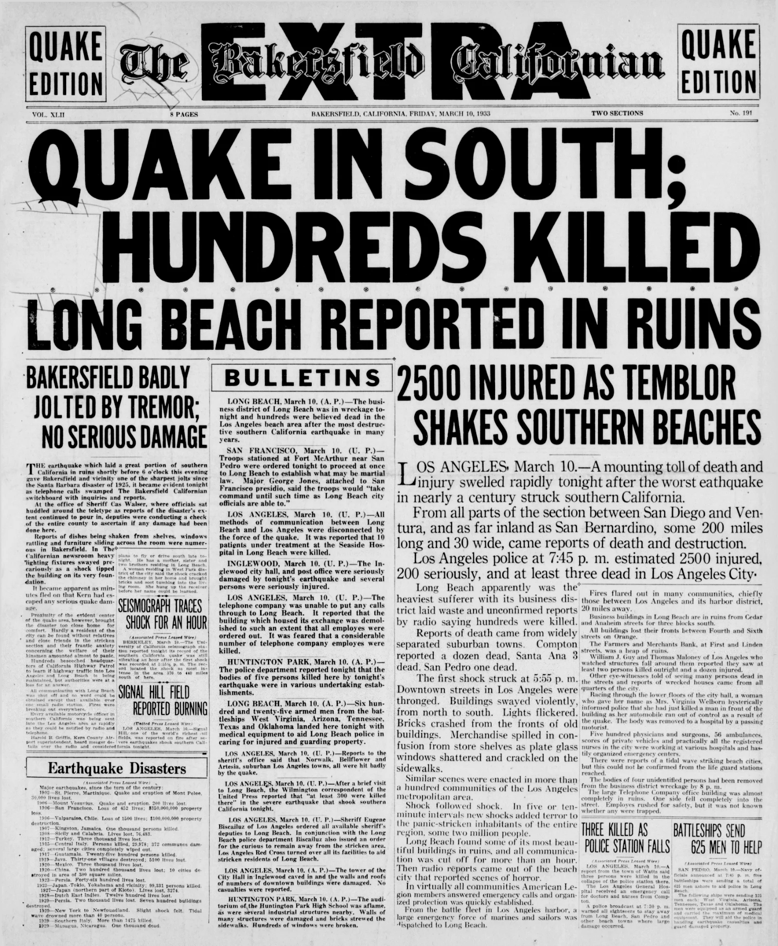 ront page of The Bakersfield Californian's special Quake Edition, dated March 10, 1933, with the banner headline "Quake South; Hundreds Killed; Long Beach Reported in Ruins" alongside bulletins and wire reports from across Southern California.