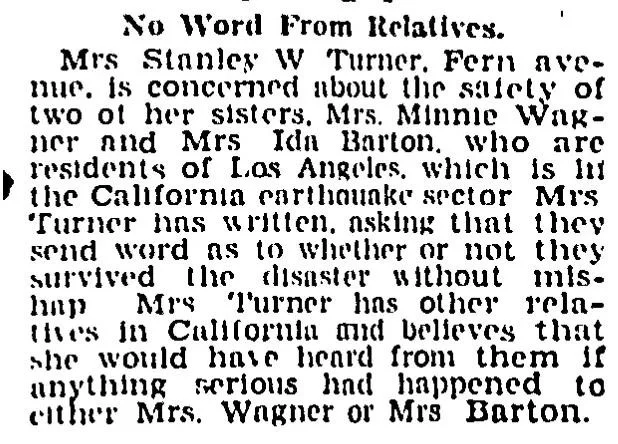 Newspaper clipping headlined "No Word From Relatives," reporting that Mrs. Stanley W. Turner of Amesbury, Massachusetts, was awaiting word from her two sisters in the California earthquake zone.