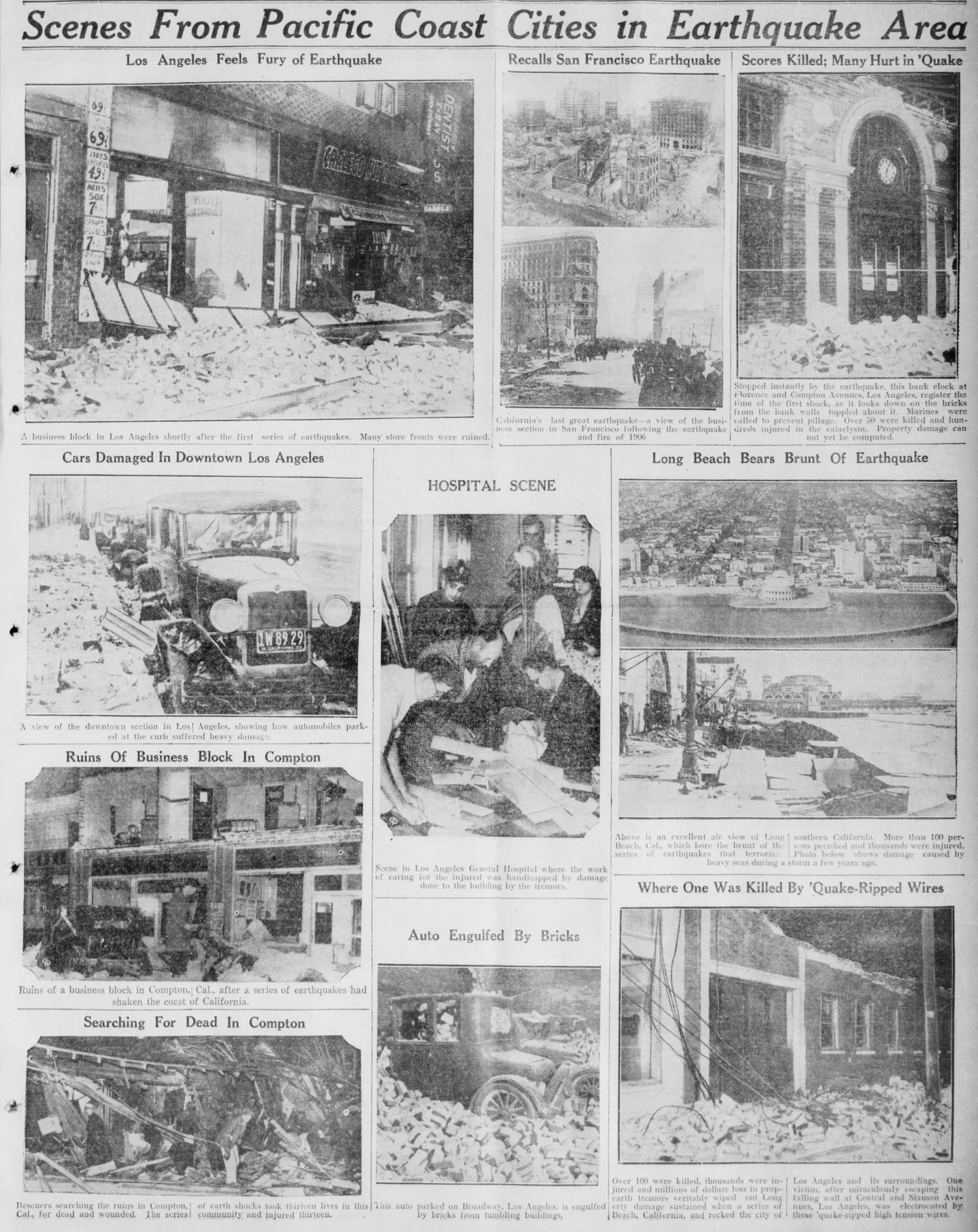 A full-page newspaper photo spread titled "Scenes From Pacific Coast Cities in Earthquake Area," showing images of earthquake damage including collapsed business blocks in Los Angeles and Compton, damaged automobiles, an aerial view of Long Beach, and a hospital scene at Los Angeles General Hospital.