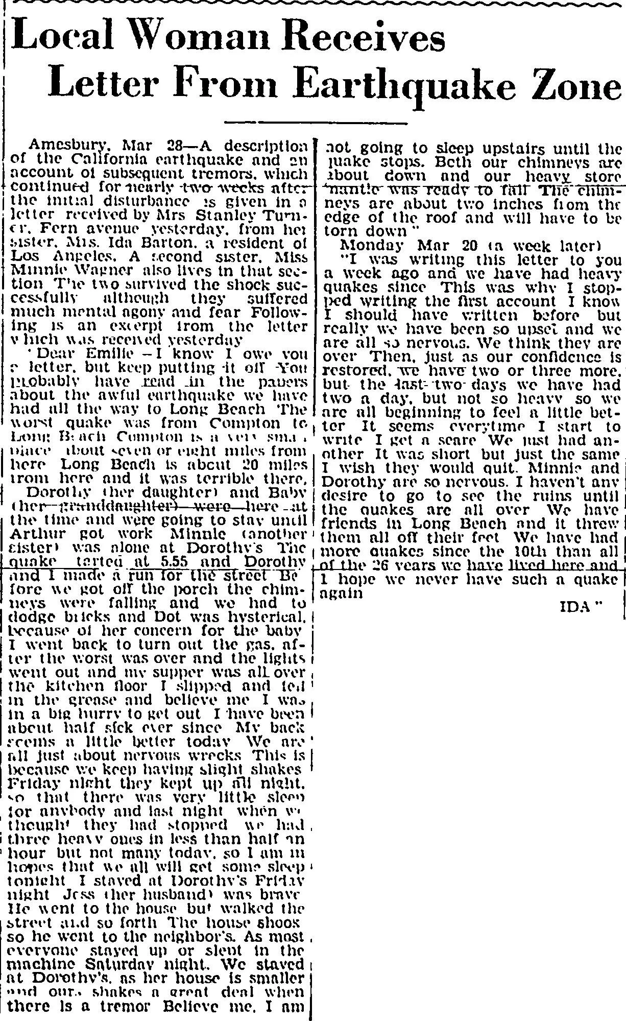 Newspaper clipping headlined "Local Woman Receives Letter From Earthquake Zone," publishing a firsthand account written by Ida Barton of Los Angeles to her sister Emelie Turner in Amesbury, Massachusetts, describing her experience during and after the March 10, 1933 earthquake.