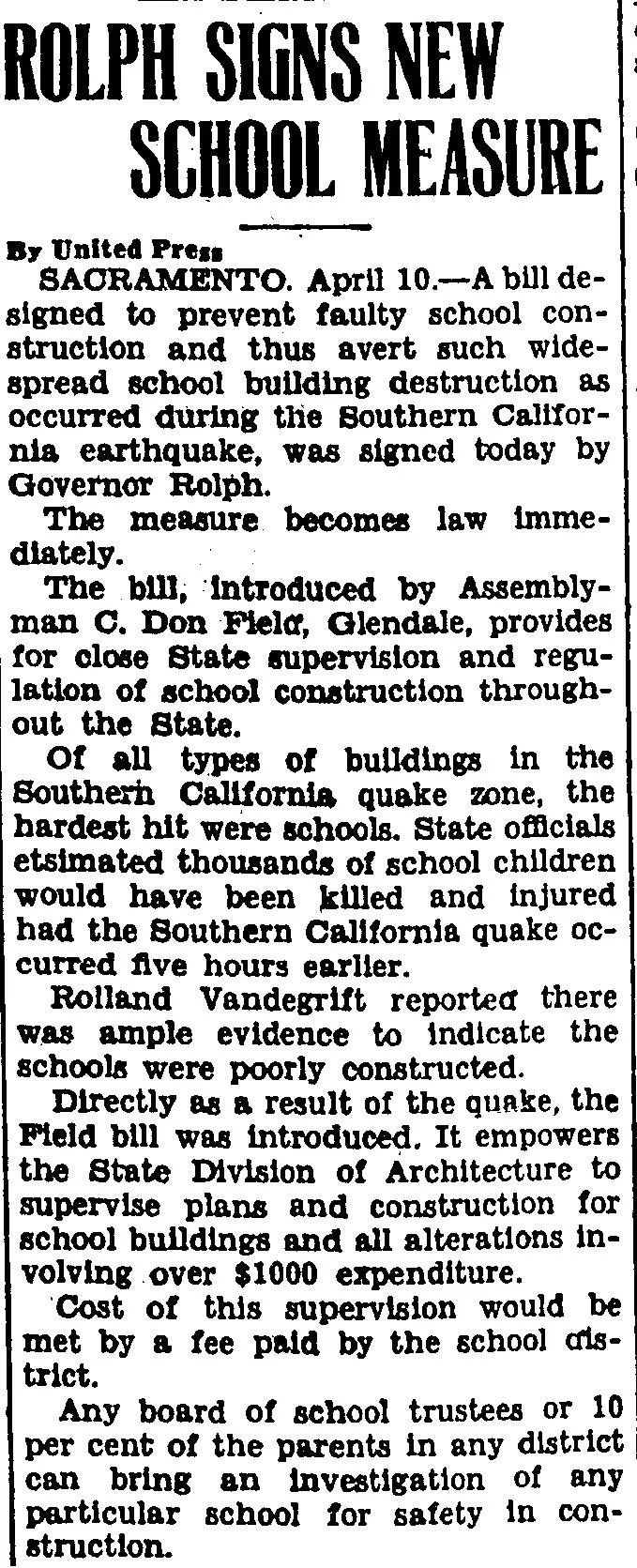 Newspaper clipping headlined "Rolph Signs New School Measure," reporting that California Governor James Rolph signed legislation empowering the State Division of Architecture to supervise the design and construction of all public school buildings statewide, in direct response to widespread school damage from the Long Beach earthquake.