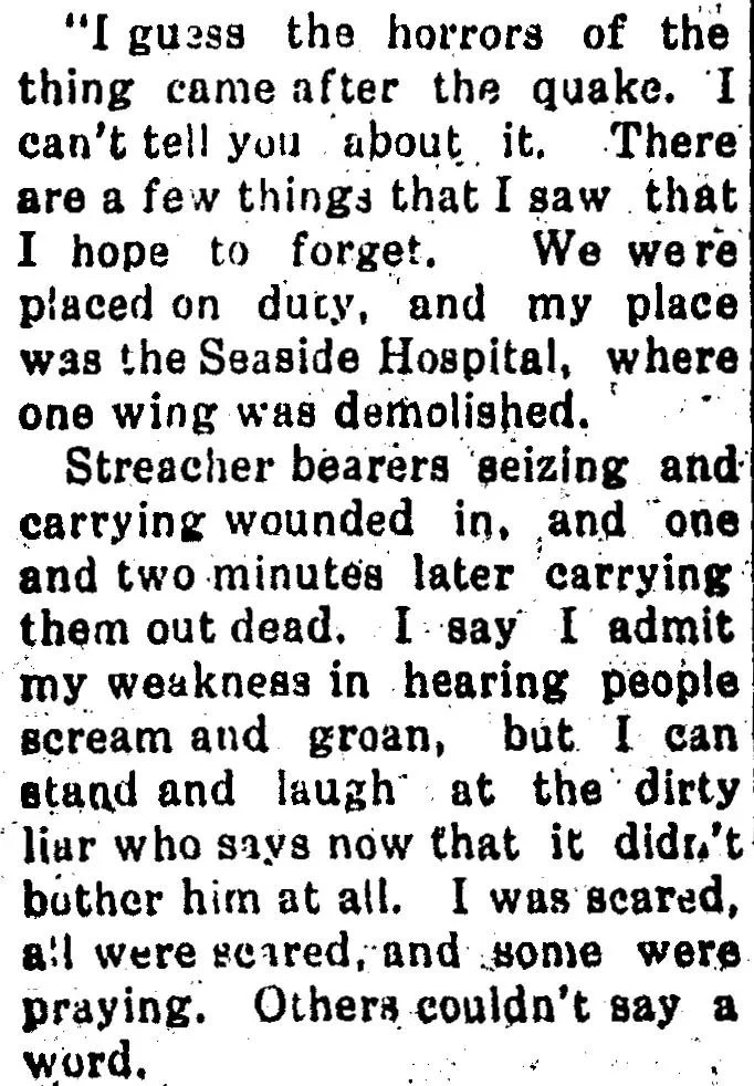 Newspaper clipping in which Mahlon McKelvey describes his duty at Seaside Hospital after the 1933 Long Beach earthquake, recounting stretcher bearers carrying in the wounded and carrying out the dead, and stating that everyone present was frightened, with some praying and others unable to speak.
