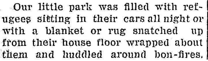 Newspaper clipping describing a local park filled with earthquake refugees sitting in their cars overnight or huddled around bonfires wrapped in blankets and rugs grabbed from their homes.