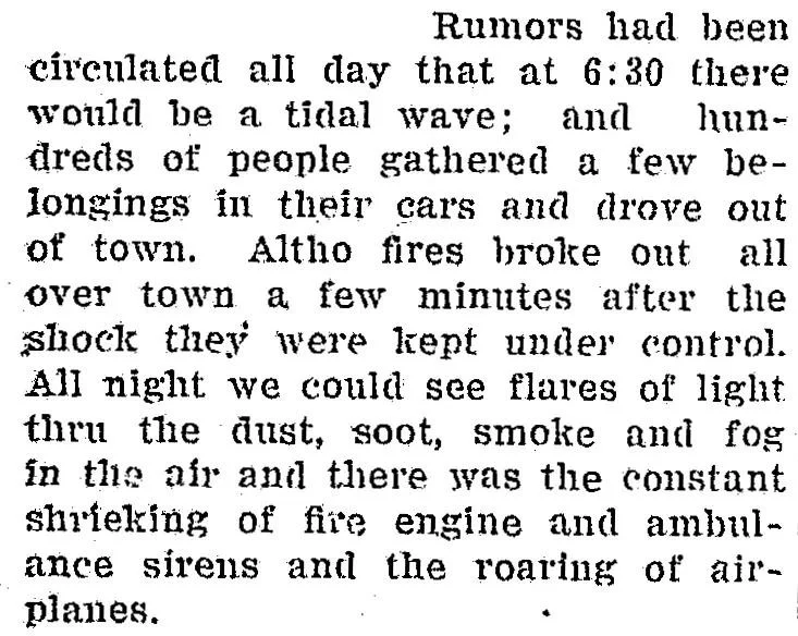 Newspaper clipping describing tidal wave rumors after the 1933 Long Beach earthquake, with hundreds of people fleeing town by car while fires broke out and sirens and airplanes filled the night air.