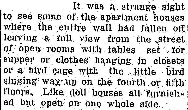 Newspaper clipping from the Clare Sentinel featuring Hazel Smith describing the strange sight of Long Beach apartment buildings with entire walls fallen away, exposing open rooms with tables set for supper, clothes hanging in closets, and a bird still singing in its cage on the fourth or fifth floor, comparing the scene to furnished dollhouses open on one whole side.